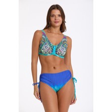 Argento Kadın Mavi Desenli Ayarlanabilir Slip Alt, Ince Kaplı V Yaka Toparlayıcı Bikini Takımı