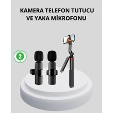 Nemere İthalat Kablosuz Çift Yaka Mikrofonu ve Tripodlu Selfie Çubuğu Içerik Üretici Seti Nemere Ithalat