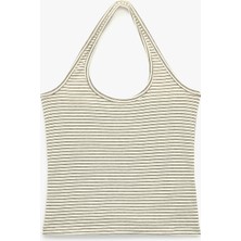 Koton Slim Fit Pamuklu Çizgili Kolsuz Halter Yaka Bluz