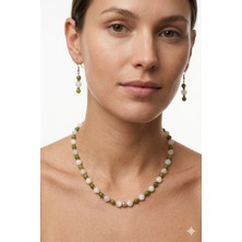 Woona Ay Taşı & Kanada Yeşim Taşı ( Jade ) Premium Aa Kalite Doğal Taş El Yapımı Kolye Küpe Set