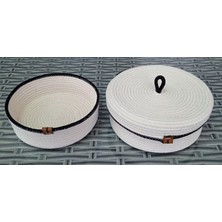 Assess Store Kapaklı 3 Parça 24CM Hasır Sepet Yuvarlak Ev Halat Jüt Kordon Ip Örme Çok Amaçlı Havlu Düzenleyici Krem&siyah