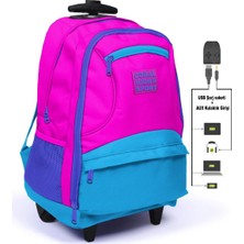 Coral High 23253 Sport Dört Bölmeli Pembe - Mavi Çekçekli Sırt Çantası USB Şarjlı Özellikli Tekli