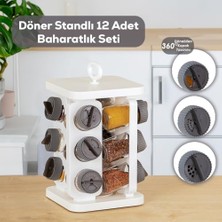 Assess Store 1081 Kare Prizma Döner Standlı Döner Kapaklı 12'li Cam Baharatlık-Düzenleyici Organizer-Beyaz