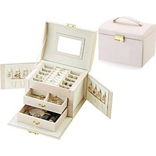 Assess Store Lüks 3 Katlı Mücevher Kutusu, Krem Rengi, Aynalı, Çekmeceli, Takı Organizatörü, 18X14X12 Cm, Yüzük, Küpe, Kolye Bölmeli