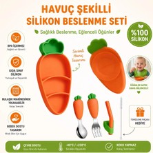 Jojobebek Havuç Figürlü BPA'sız Çocuk Vakumlu Silikon Mama Tabağı, Silikon Sap Paslanmaz Çelik Uçlu Çatal ve Kaşık, Pipet, Fırça ( Havuç Figürlü ) 9+ Ay