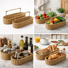 Assess Store El Dokuması Hasır Oval Sepet Seti, Doğal Hasır Lifi, 2'li Set, Saplı, 30X10X15 cm ve 20X7X11 cm