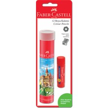Faber-Castell 12'li Tüp Kuru Boya Stick Yapıştırıcı ve Kalemtıraş Çocuklar İçin