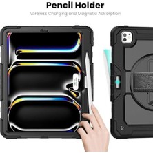 Assess Store iPad Air 13 Inç M2 2024 Için Kılıf (Model: A2899) Tam Koruma Darbe Emici, 360° Dönebilen Stand, Ayarlanabilir Omuz Askısı, Kalem Tutucu, Siyah (Ipad Air 13" 2024)