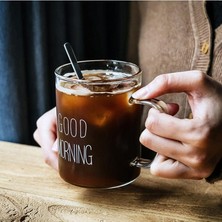 Assess Store Büyük Boy Good Morning Cam Kupa Kulplu Bardak Borosilikat Dayanıklı Cam Kupa 450 ml