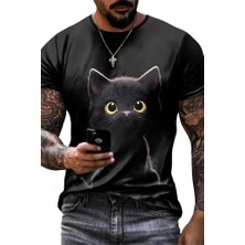 Gökyüzü Moda Erkek Bisiklet Yaka Kedi Baskılı Süprem T-Shirt
