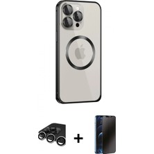 Marsilyan™- iPhone 15 Pro Max Kılıf Ahenk Işık Serisi - Siyah 3D Antistatik Hayalet Cam Ekran Koruyucu + Raze Metal Kamera Lens - Gs