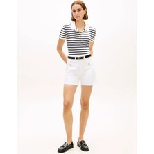 Tommy Hilfiger Lacivert - Beyaz Kadın Çizgili T-Shirt Gold Button Slım Ss Polo