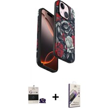 Marsilyan™- iPhone 15 Kılıf Siluet Doku - Siyah Bilvis 3D Mat Cam Ekran Koruyucu + Bilvis Titan Kamera Lens - Pe