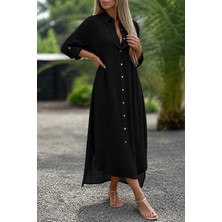 Gökyüzü Moda Kadın Uzun Kollu Yakalı Önden Düğmeli Geniş Kesim Detaylı Uzun Elbise