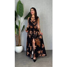Defy Moda Kadın Askılı Kruvaze Yakalı Geniş Kesim Detaylı Yırtmaclı Uzun Süprem Elbise