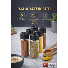 Genchome Homeware Cam Baharatlık Seti 6’lı 245 cc Ayarlanabilir Kapaklı, 3 Delikli Ayar, Bpa Free, Mutfak Düzenleyici