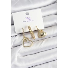 Uravas Store Pirinç Zi̇rkon Taşlı Kalp Model Gold Renk 3'lü Kadın Küpe