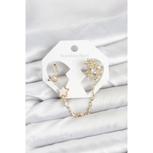 Uravas Store Pirinç Gold Renk Yıldız Model Zincir Bağlantılı Ear Cuff Küpe Seti