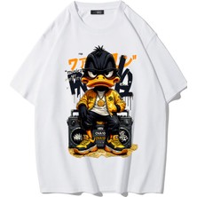 Brz Collection Unisex Oversize Ön Baskılı Duck T-Shirt (Beyaz)
