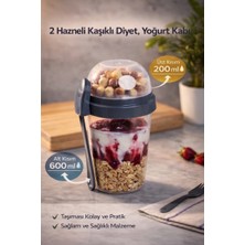 Genchome Homeware Diyet & Granola Kabı , 2 Hazneli Kaşıklı 200 ml + 600 Ml, Saklama Kabı