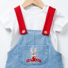 Baby Buu Kız Bebek Mantar ve Tavşan Nakışlı Kot Jile Salopet Takımı - Kırmızı Askılı 2'li Kombin
