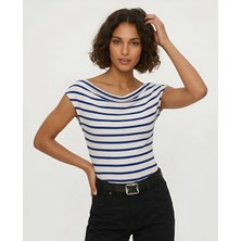 Blouse Marin Çizgili Kayık Yaka Bluz