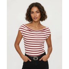 Blouse Marin Çizgili Kayık Yaka Bluz