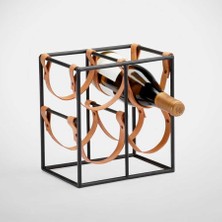 Rack And Cork - Modern Metal 4 Şişelik Raf,  Doğal Deri Tezgah Üstü Bağımsız Şişelik