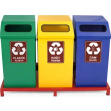 Hijyen Dükkanı 3'lü Kare Geri Dönüşüm Kovası Seti Standlı Metal Sıfır Atık Kutusu Plastik Kağıt Cam 64 Litre S-152
