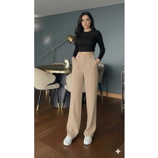 Emporya Trend Kadın Vizon Kumaş Pantolon | Yeni Sezon | Geniş Paça Düğme Kapamalı Palazzo Kesim