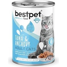 Uravas Store Bestpet Yetişkin Kediler Için, Taze Ton Balıklı, Taze Hamsi Parça Etli ve Soslu Yaş Mama, 400 G x 1
