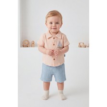 Joy Kids Erkek Bebek %100 Pamuk Müslin Takım (9-18AY) (Krem-Mavi)