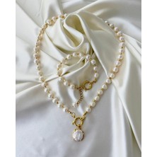 Eyla Collection Gemici Kilitli Altın Takılabilir Gerçek Inci Set 60 Cm