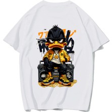 Brz Collection Unisex Oversize Arka Baskılı Duck T-Shirt (Beyaz)