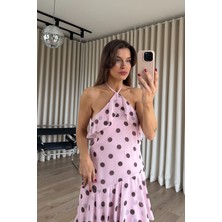 Sue Store Pembe Kahve Puantiyeli Sırt Dekolteli Boyundan Bağlamalı Astarlı Şifon Elbise