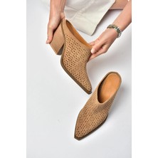 Fox Shoes Y654930702 Vizon Hakiki Deri Süet Western Topuklu Kadın Terlik