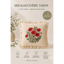 YUNUSOĞLU HOME Fırfırlı Gelincik Desenli Dekoratif Kırlent Kılıfı %100 Pamuk Organik Boya Baskılı 45X45 cm