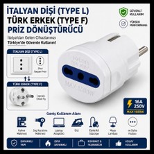 Tek-İş Italyan Dişi (Type L) Türk Erkek (Type F) Priz Dönüştürücü 16A 250V Italya Uyumlu 3 Pin Adaptör