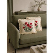 YUNUSOĞLU HOME 2'li Fırfırlı Gelincik Desenli Dekoratif Kırlent Kılıfı %100 Pamuk Organik Boya Baskılı 45X45 cm