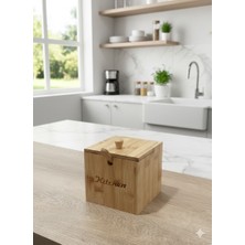 Morponi Bambu Kapaklı ve Kaşıklı Şekerlik - Tuzluk - Baharatlık Veya Baharat Kabı  10 cm * 10 cm
