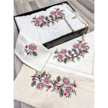 6 Parça Etamin Işlemeli Kutulu Seccade Takımı Çeyizlik Bohçalık Gelin Damat Seccade Seti (Krem-Pembe)
