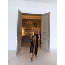 Aria's Closet Özel Tasarım Siyah Dantel Işlemeli Göğüs Detaylı Yırtmaçlı Fantezi Gecelik