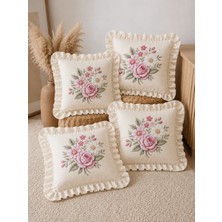 YUNUSOĞLU HOME 4'lü Fırfırlı Çiçek Desenli Dekoratif Kırlent Kılıfı %100 Pamuk Organik Boya Baskılı 45X45 cm