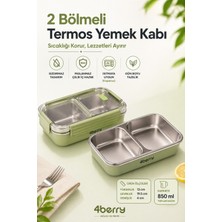 4Berry 2 Bölmeli Termos Yemek Kabı – Sızdırmaz Kapaklı, Paslanmaz Çelik Iç Hazneli, 850 ml - Yeşil