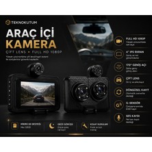 teknokutum Wifi Destekli 3 Kameralı Araç Içi Kamera – 1080P Full Hd, 4.0'' Ekran, Gece Görüş, G-Sensör Acil Kayıt, Arka Görüş Kamerası,