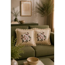 YUNUSOĞLU HOME 2'li Fırfırlı Çiçek Desenli Dekoratif Kırlent Kılıfı %100 Pamuk Organik Boya Baskılı 45X45 cm