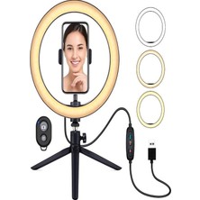 CAILON Masa Üstü 10 Inç LED Ring Light Tripodlu Telefon Tutucu 3 Işık Modu USB Bluetooth Kumanda