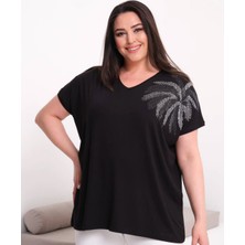 Arzu Has Butik Büyük Beden V Yaka Taş Detaylı Viskon Bluz