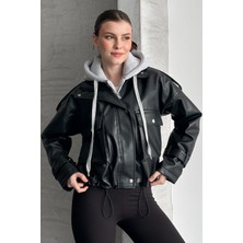Moda Armanc Kadın Kapüşonlu Kahverengi Deri Ceket Oversize Crop Hoodie Detaylı Kol Kemerli
