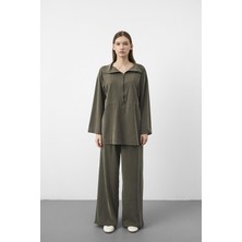 Basic Park Haki Kadın Ipeksi Dokulu Tencel Yarım Fermuarlı Rahat Kesim Takım
